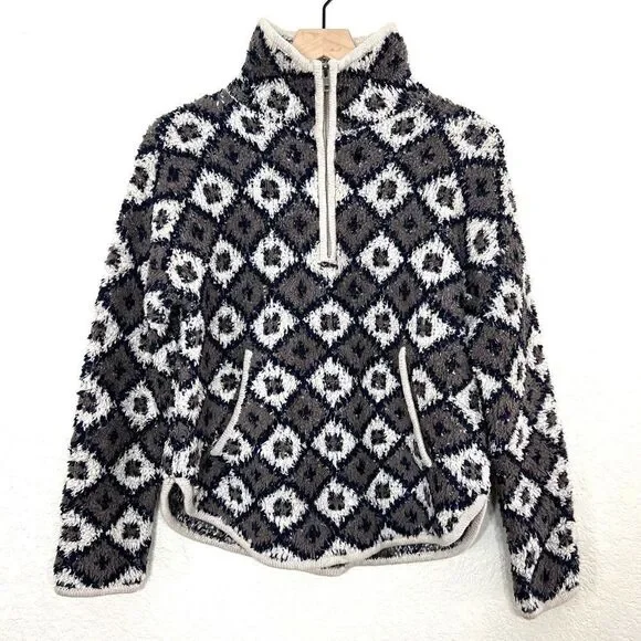 Madewell Popover Sweater Fuzzy Teddy Bear Style Fleece 1/4 Zip Diamond Print M - Picture 13 of 15